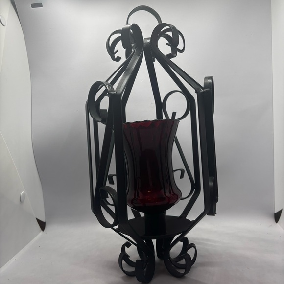 MCM-hanging metal scroll lantern with red glass votive holder-Spanish/goth/Vtg - Picture 5 of 11